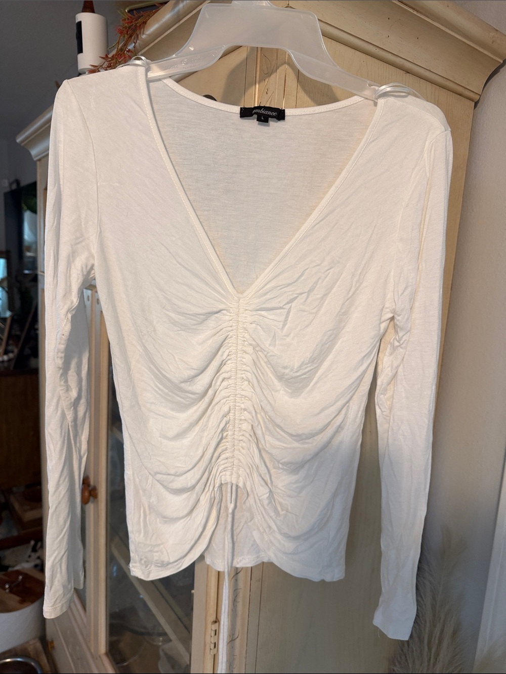 ARuched V-Neck Long Sleeve Top - White